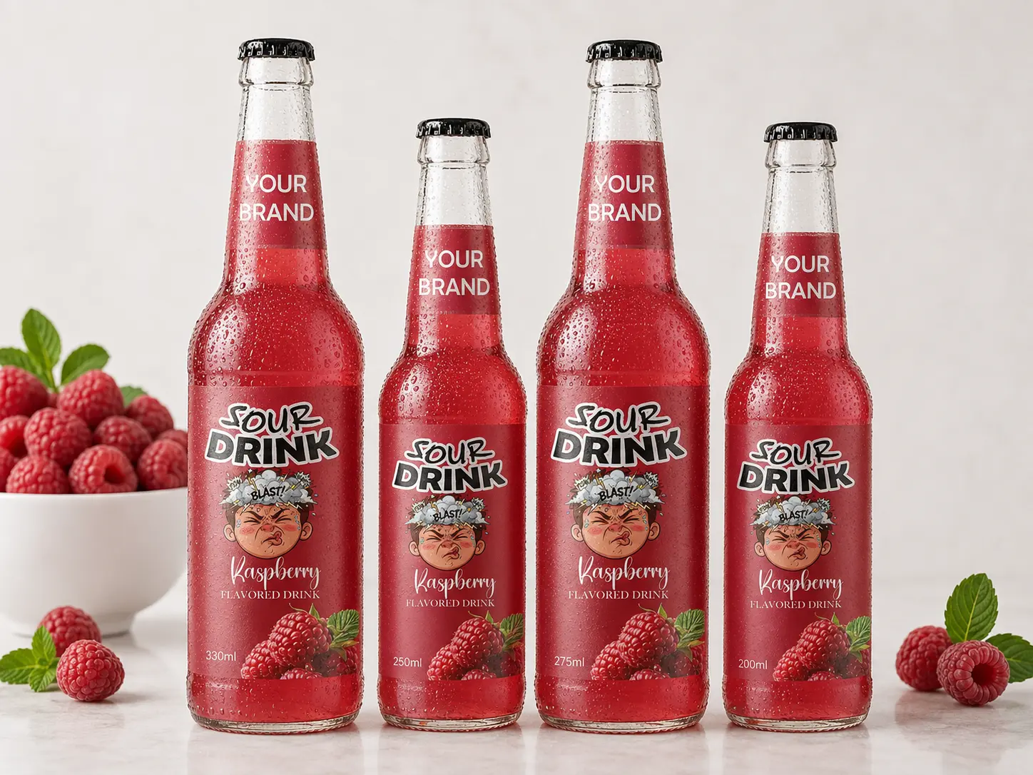SOUR DRINK Raspberry Flavored Drink in 330ml, 250ml, 275ml, and 200ml glass bottles.